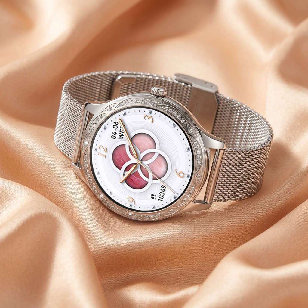 Biżuteryjny smartwatch Hagen z wieloma funkcjami i srebrną bransoletą mesh