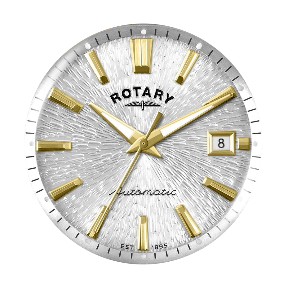 Śnieżnobiała tarcza zegarka Rotary Lumen Automatic RGB10010/06 z kamiennym połyskiem i datownikiem przy godzinie 3