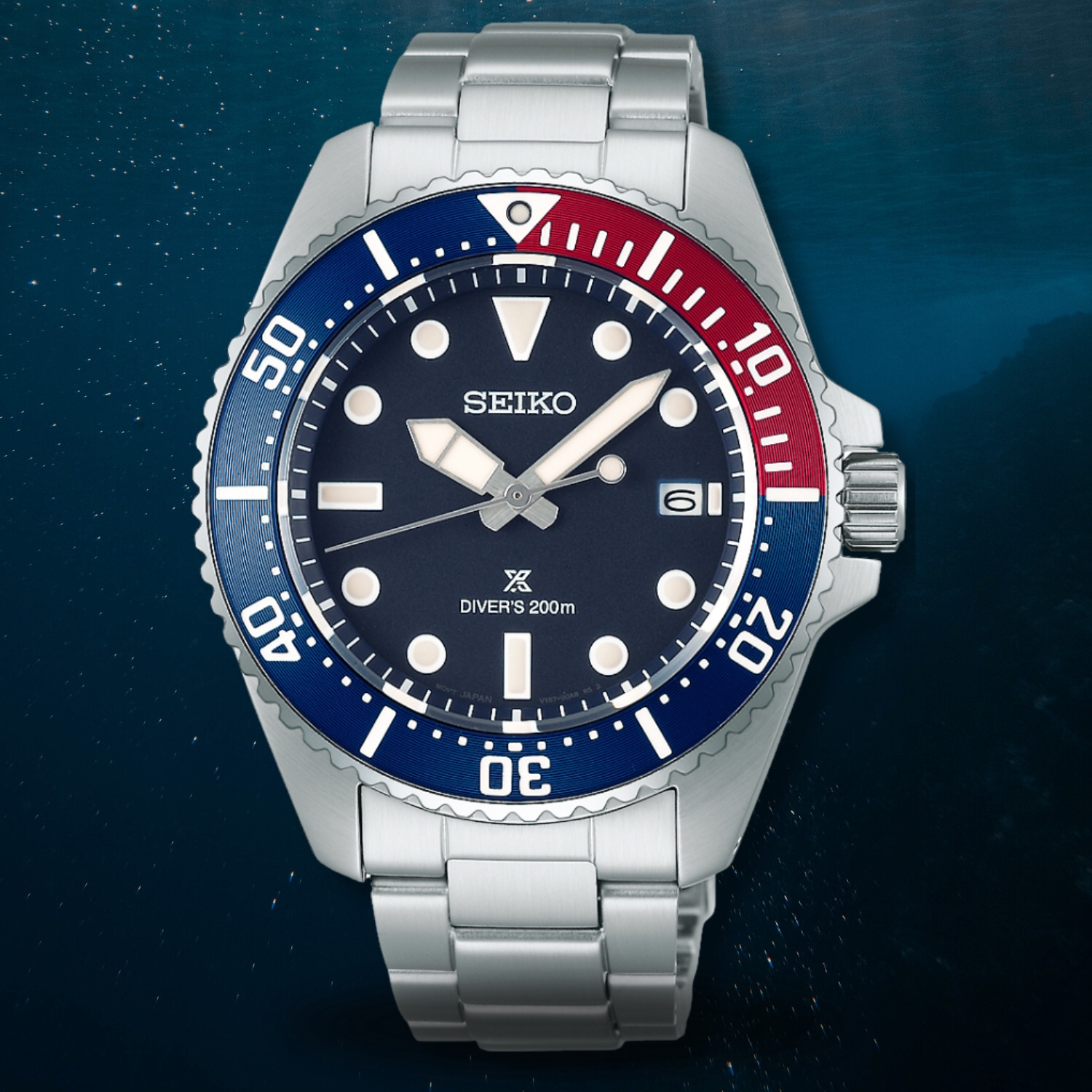 Zegarek Seiko Prospex Solar Diver Blue-Red-Blue 41mm na sportowej, stalowej bransolecie