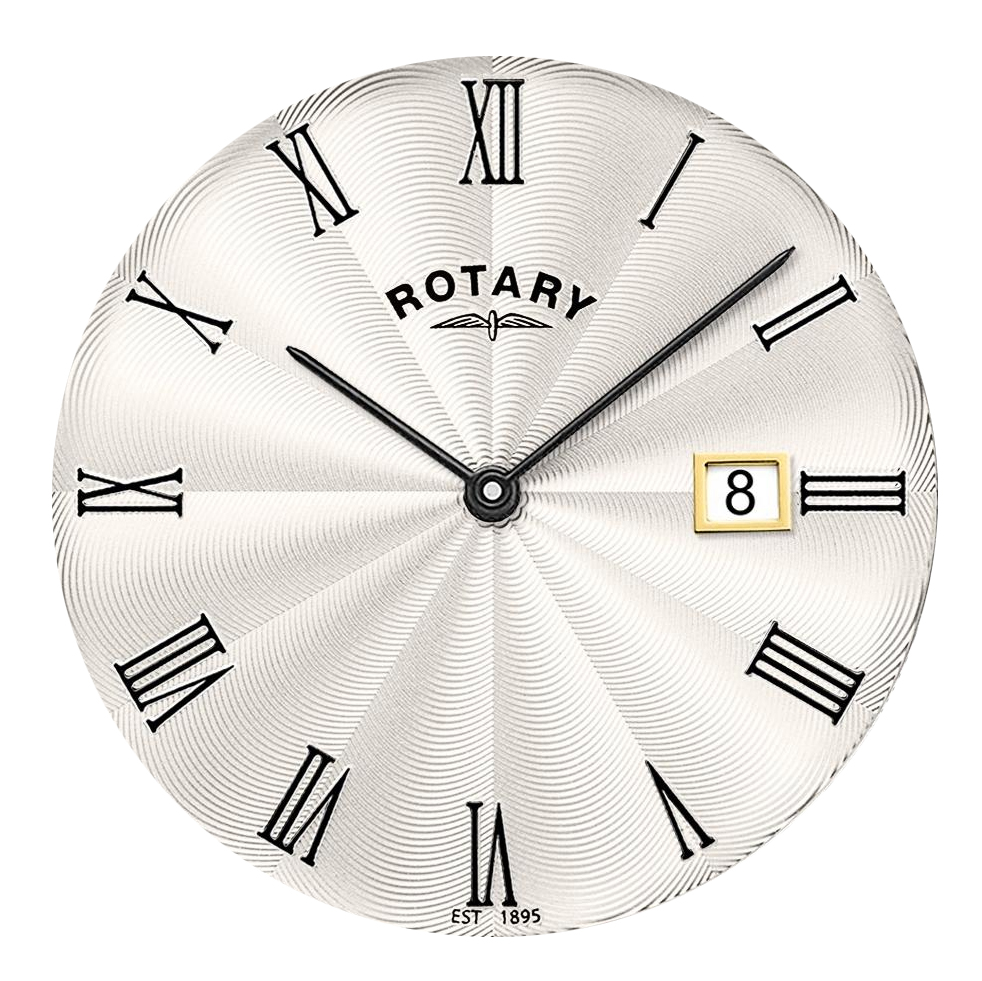 Srebrna tarcza guilloche w złotej kopercie zegarka Rotary Ultra Slim GS08013/01