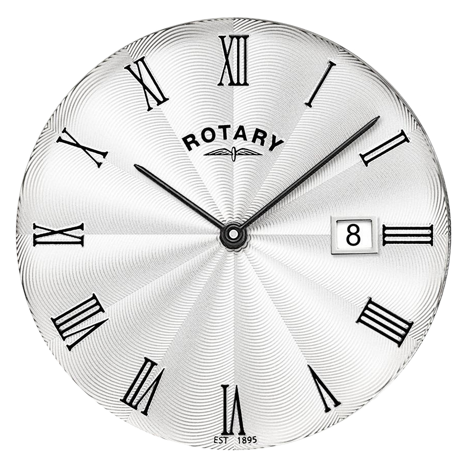 Srebrna tarcza guilloche z czarnymi rzymskimi cyframi zegarka Rotary Ultra Slim GB08010/01