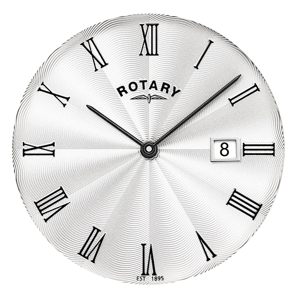 Srebrna tarcza guilloche zegarka Rotary Ultra Slim GS08010/01 z rzymskimi cyframi i datownikiem przy godzinie 3