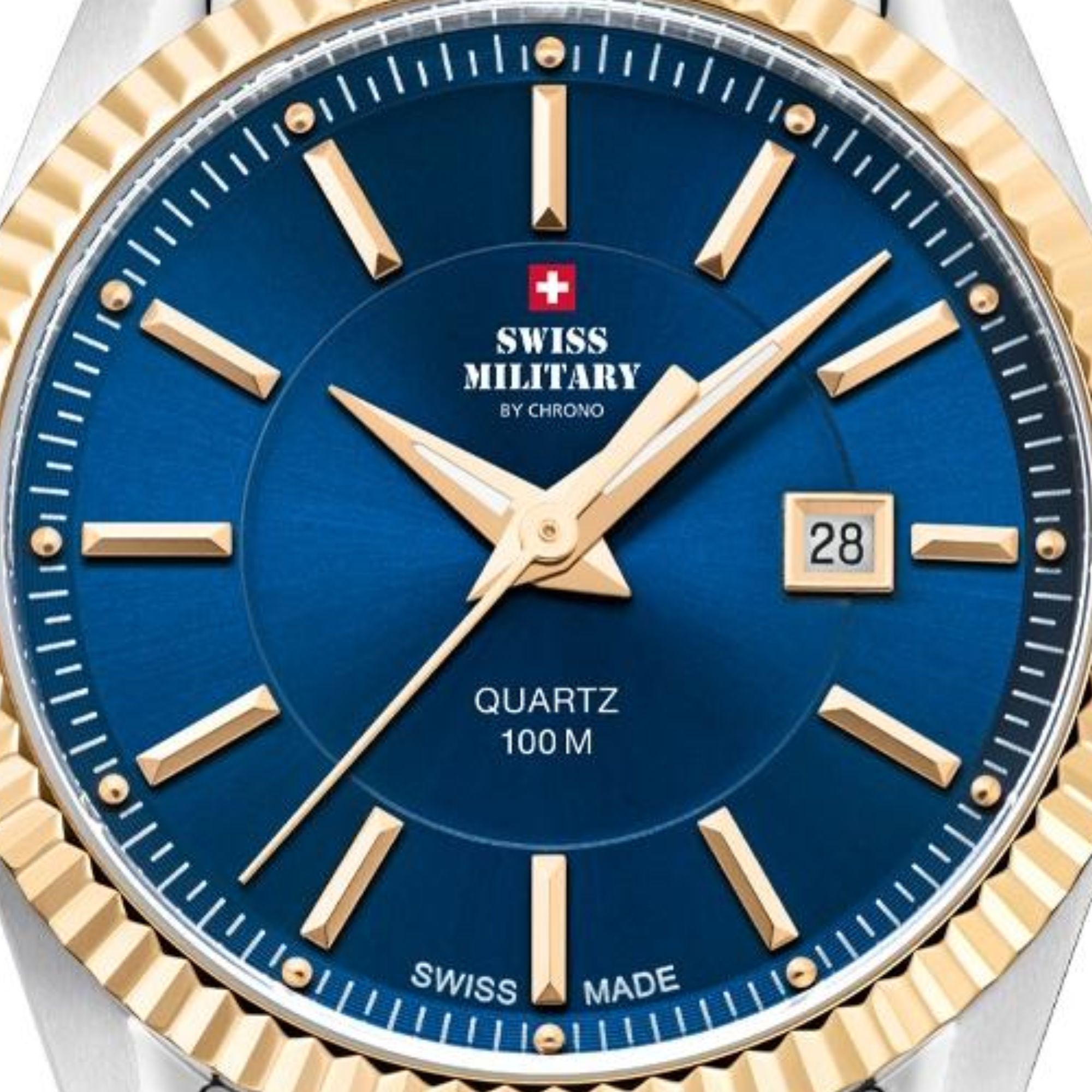 Niebieska tarcza z datownikiem, szlifem słonecznym oraz złotymi indeksami i wskazówkami z powłoką luminescencyjną