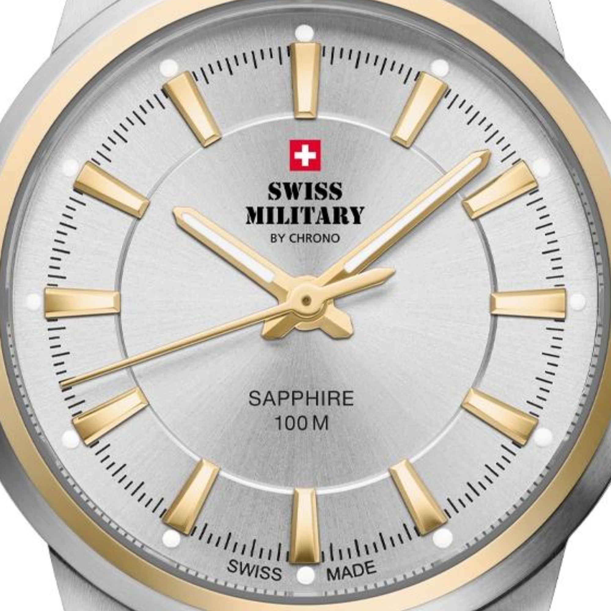 Srebrna tarcza ze szlifem słonecznym oraz złotymi indeksami i wskazówkami z powłoką luminescencyjną