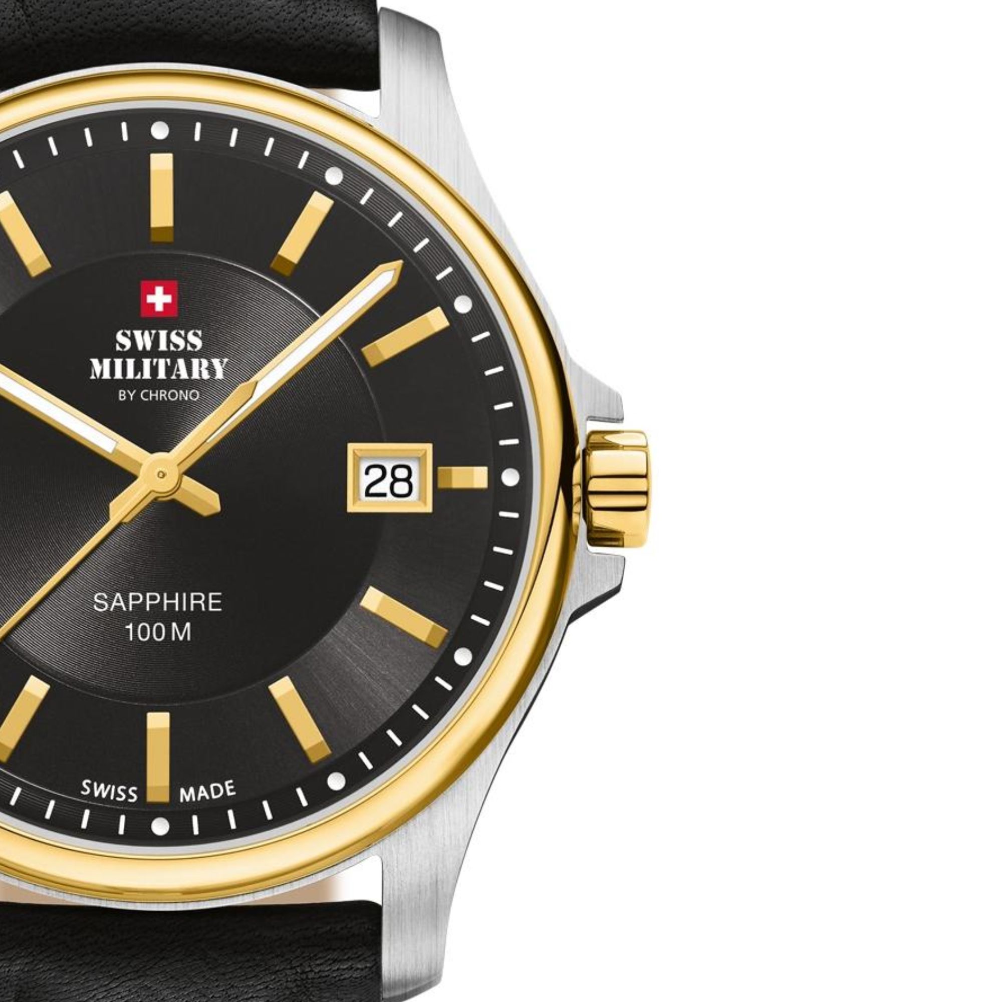 Zegarek z czarną tarczą z datownikiem oraz złotymi indeksami i wskazówkami w stalowej, okrągłej kopercie