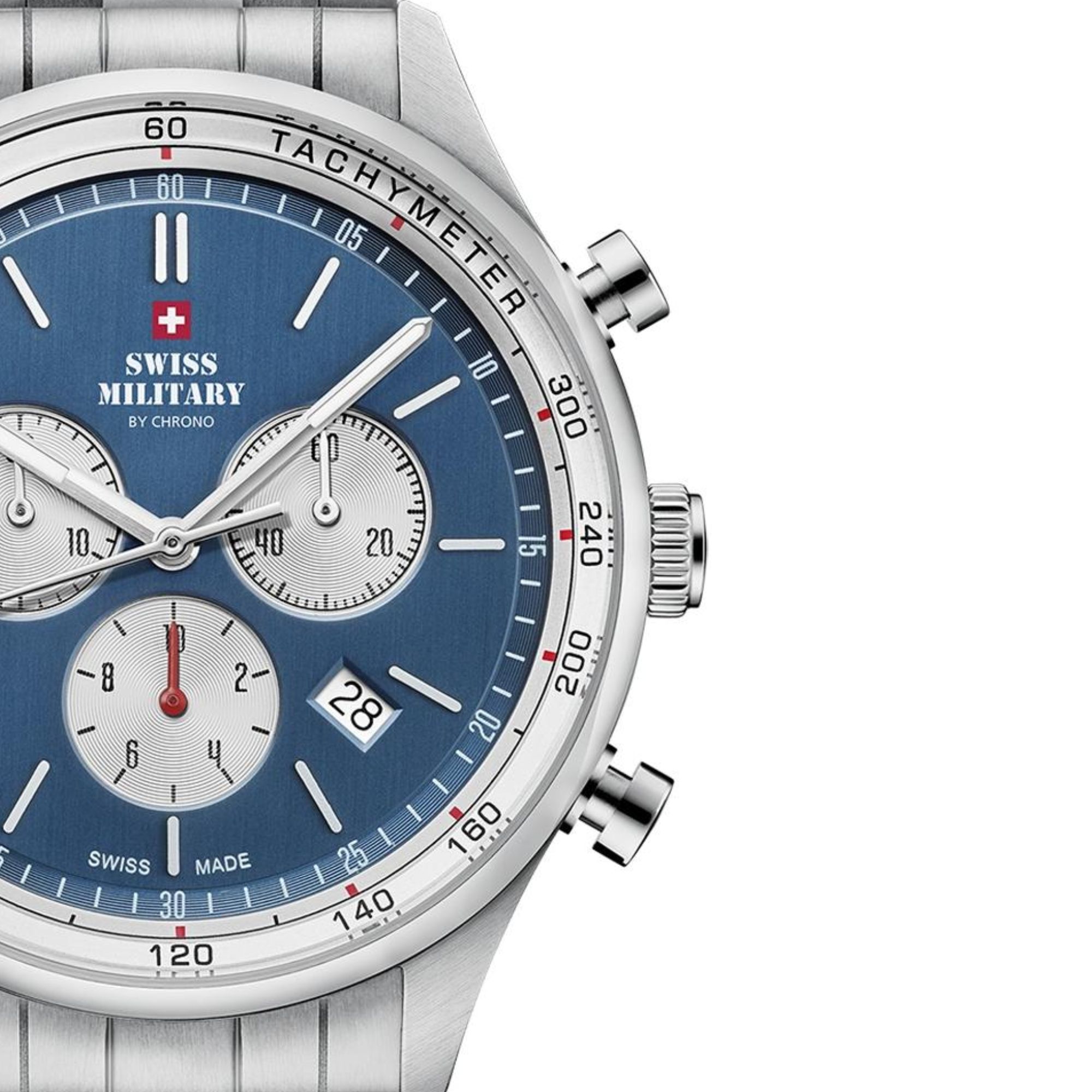 Zegarek męski z niebieską tarczą z subtarczami chronografu i datownikiem w stalowej kopercie