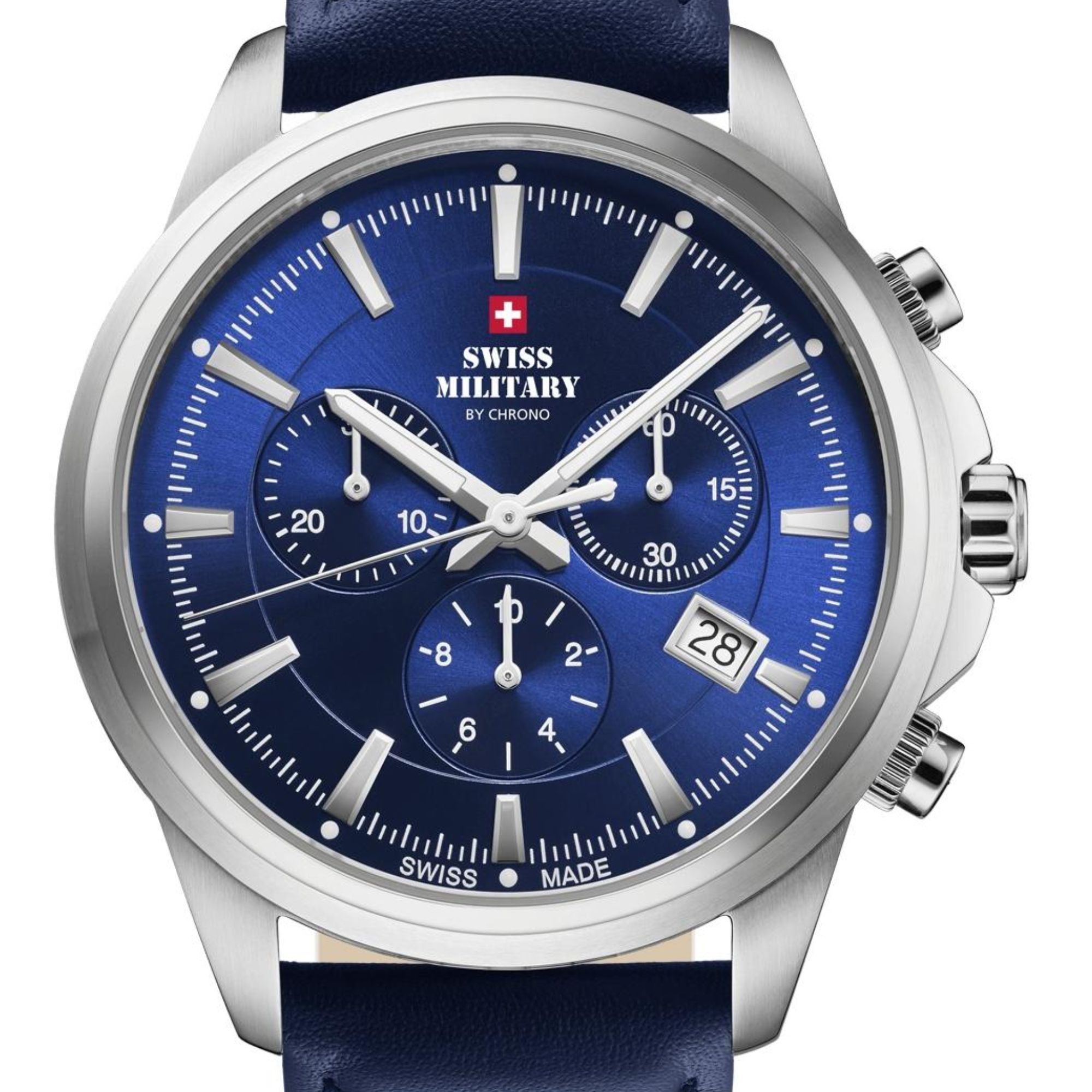 Zegarek męski z niebieską tarczą z subtarczami i datownikiem w stalowej kopercie na granatowym pasku