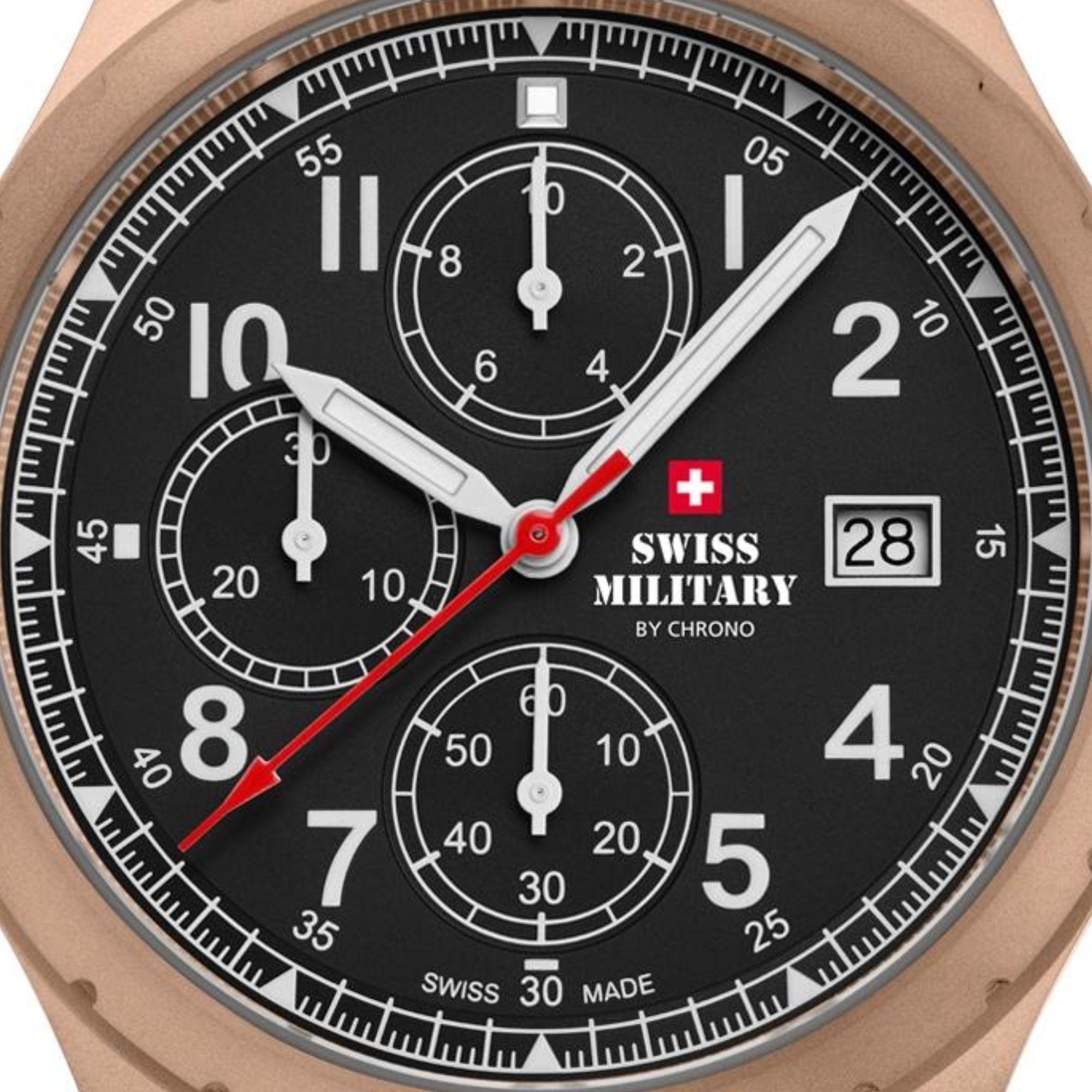 Czarna tarcza zegarka z subtarczami chronogarfu, indeksami arabskimi, datownikiem oraz wskazówkami z powłoką luminescencyjną