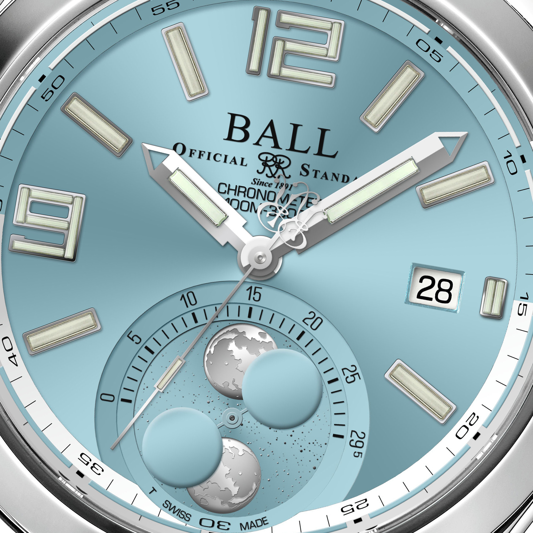 Tarcza zegarka Ball Engineer II Moon Phase Chronometer 41 mm NM2282C-S1C-IBE z podówjnym wskaźnikiem faz księżyca w zielonym kolorze