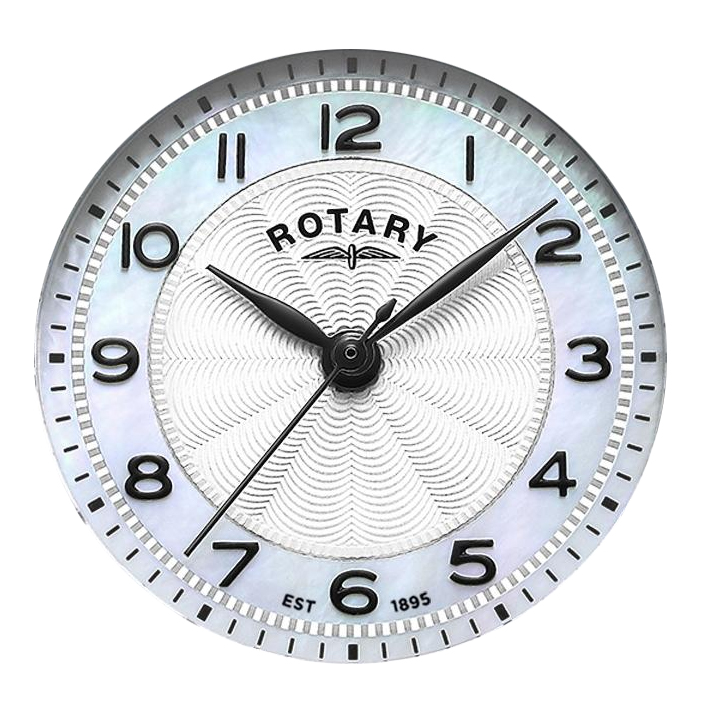 Tarcza z masy perłowej z czarnymi cyframi arabskimi zegarka Rotary Heritage LS05420/68