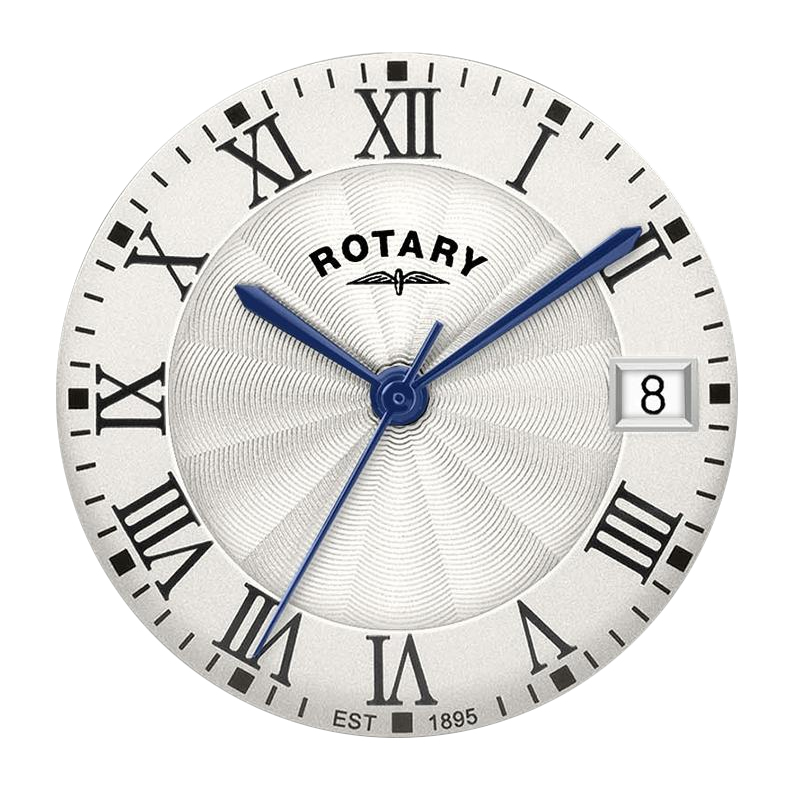 Tarcza z wzorem guilloche i rzymskimi cyframi zegarka Rotary Heritage RLB10009/70