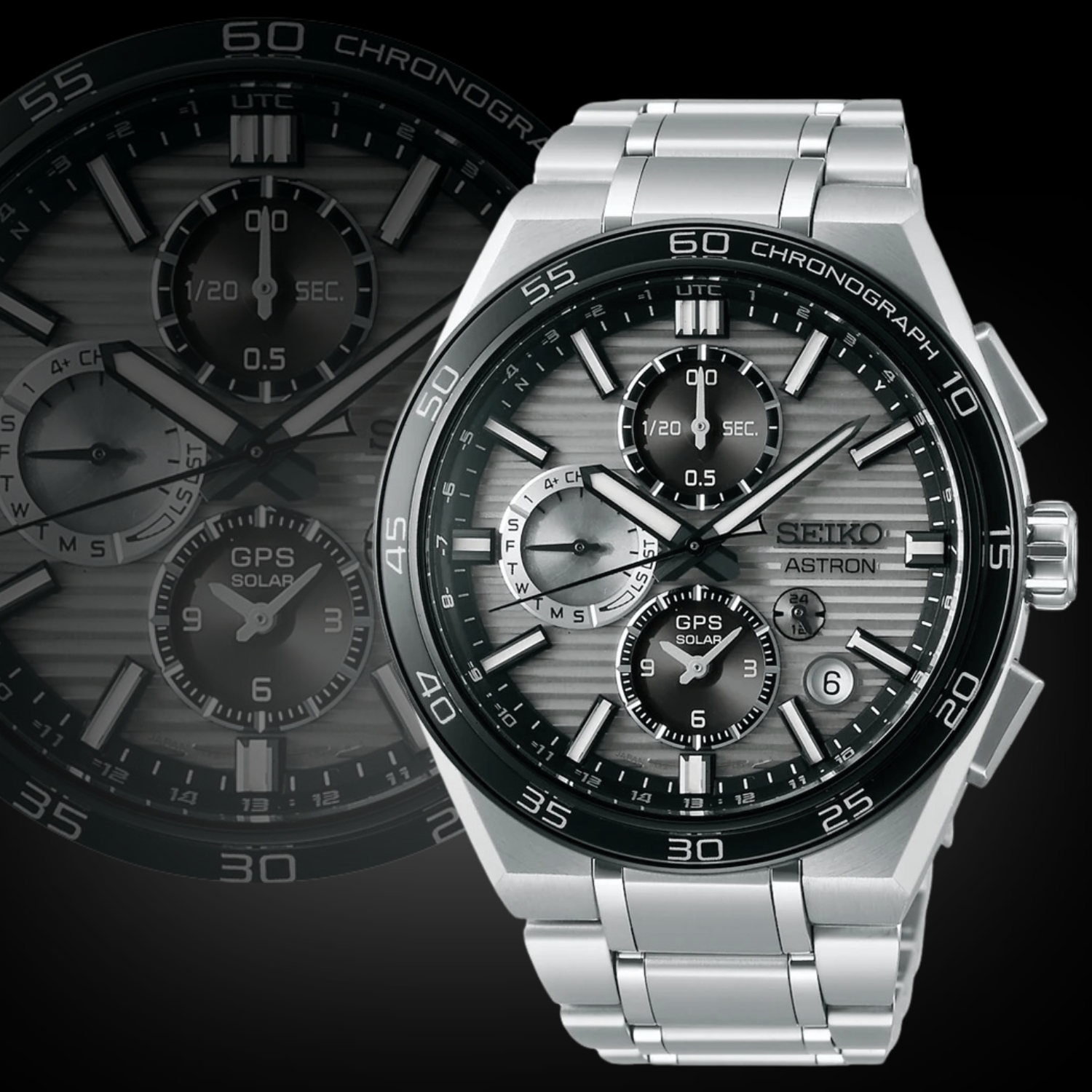 Szara tarcza zegarka Seiko Astron GPS Solar Dual-Time Chronograph SSH177J1 