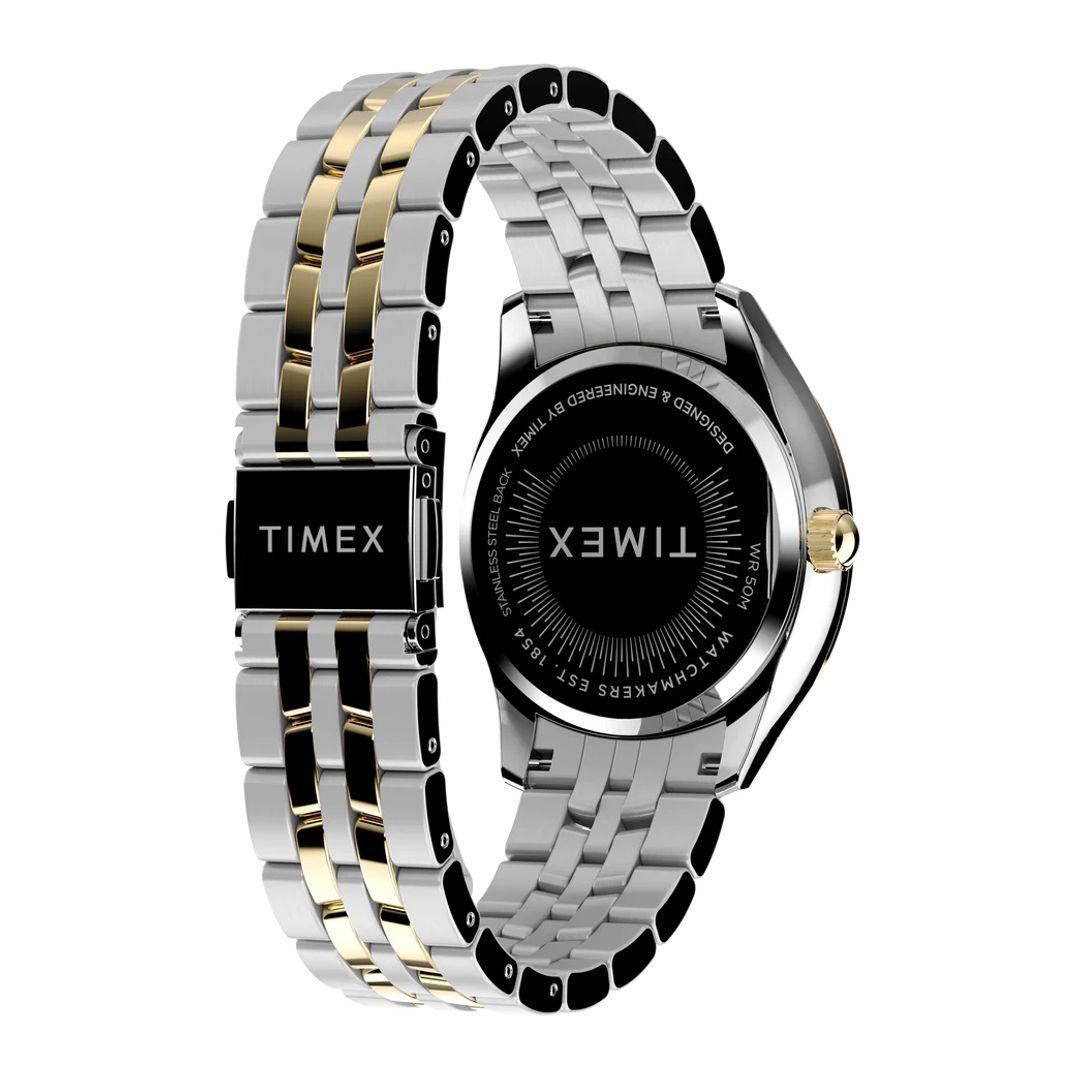 Zegarek marki Timex z okrągłą kopertą na dwukolorowej bransoletce zapinanej na zatrzask z zabezpieczeniem