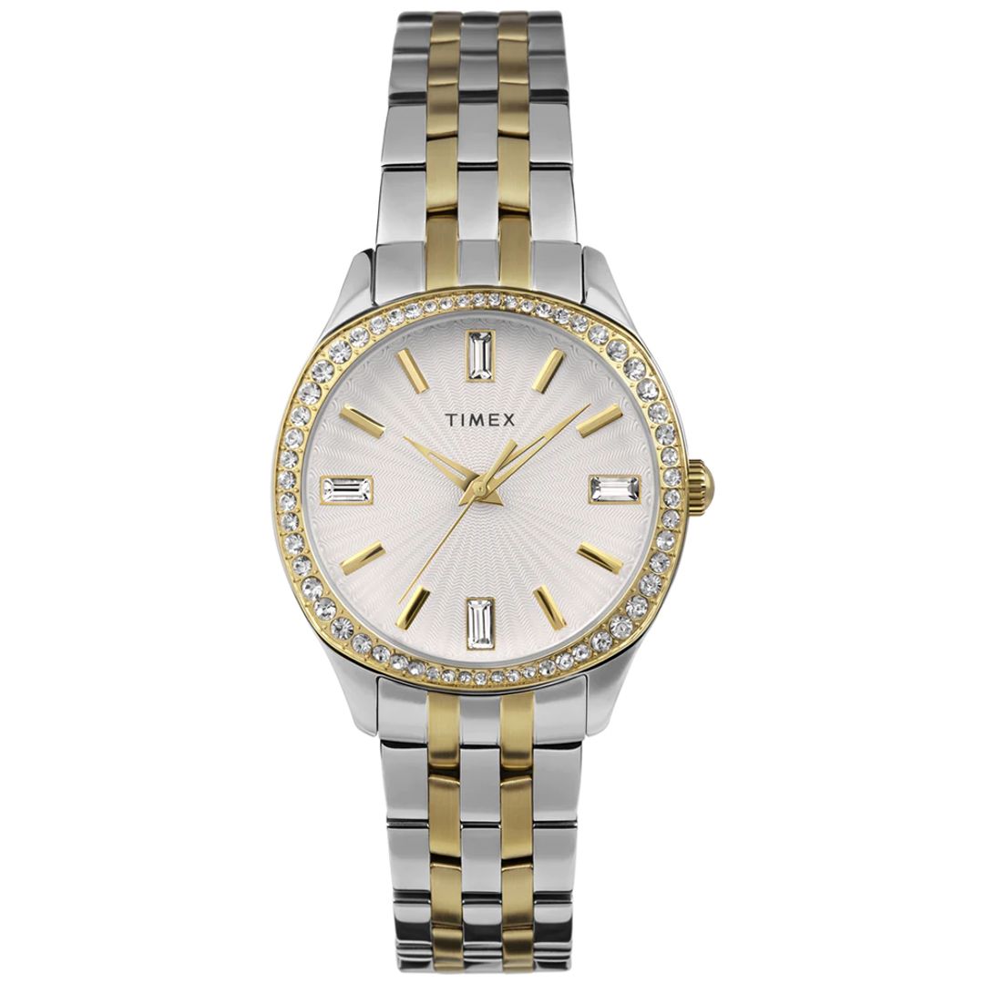Zegarek damski Timex z tarczą w srebrnym kolorze z falistym wzorem oraz kryształkami i indeksach, wskazówkach w złotym kolorze