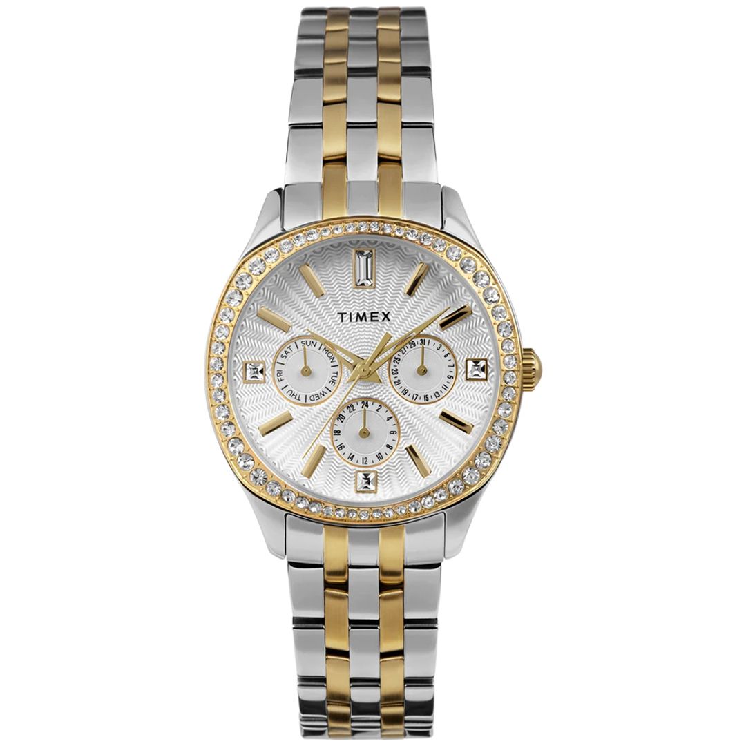 Zegarek Timex z falistym wzorem na tarczy oraz kryształkami i indeksami oraz wskazówkami w złotym kolorze