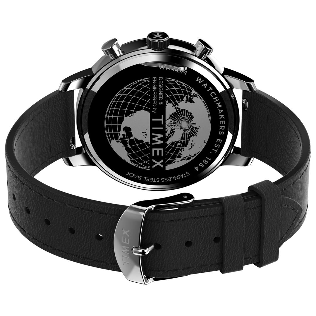 Zegarek męski Timex z okrągłą kopertą na czarnym, skórzanym pasku z zapięciem na sprzączkę