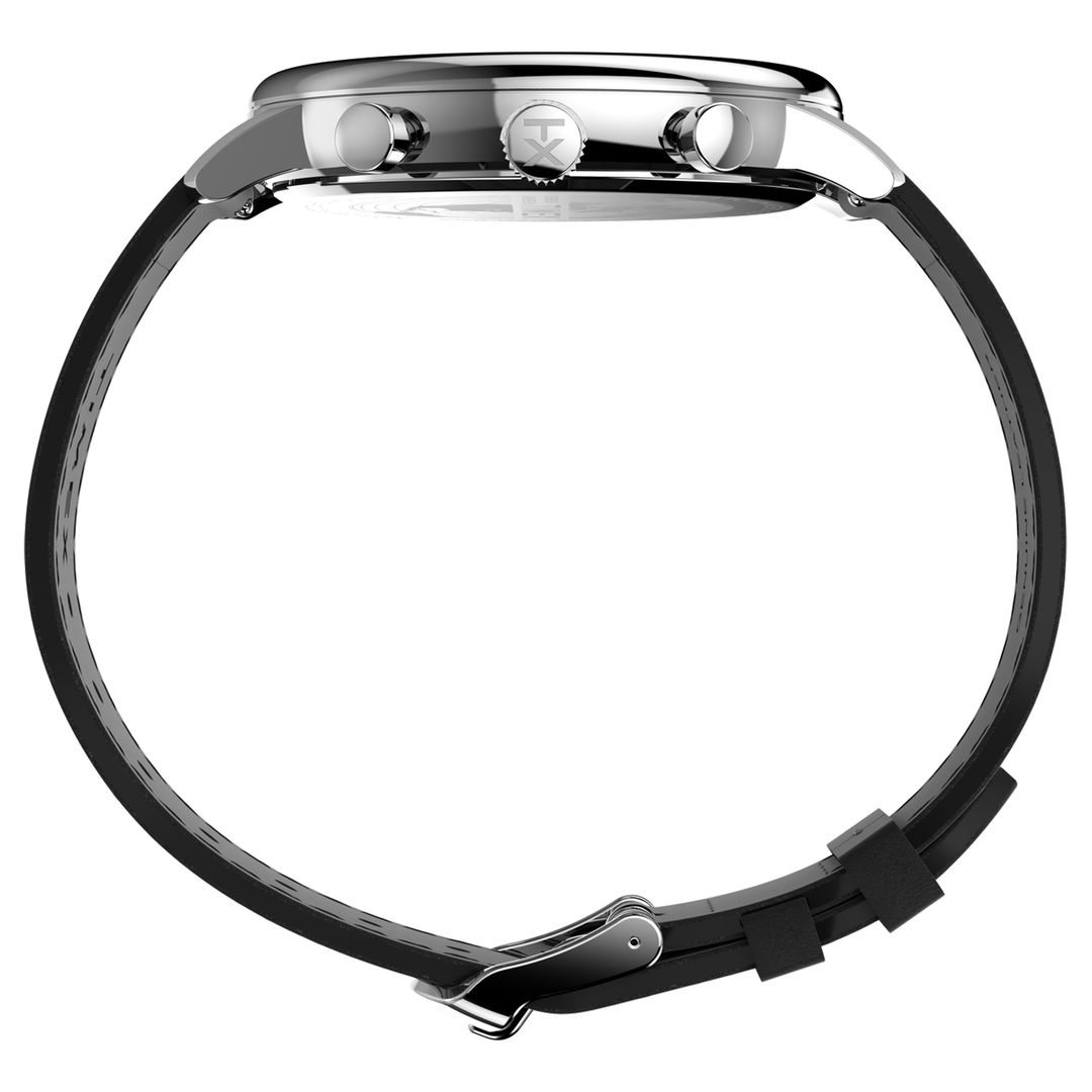 Zegarek męski Timex ze srebrną kopertą na czarnym, skórzanym pasku na sprzączkę