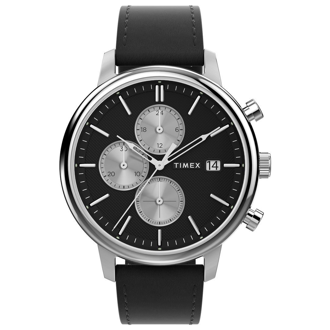 Zegarek męski Timex z dużą, okrągłą kopertą, czarną tarczą z datownikiem i srebrnymi subtarczami chronografu