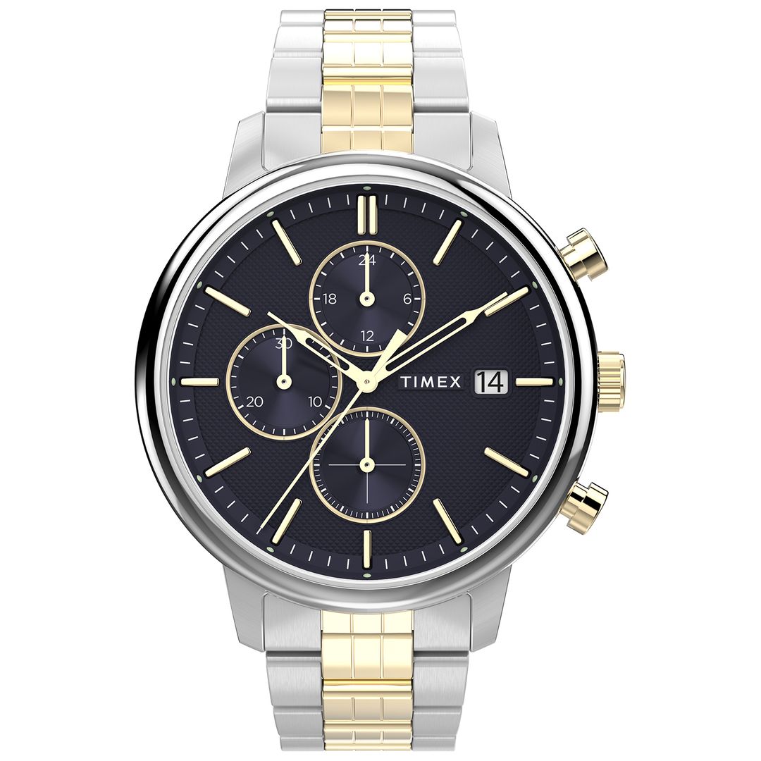 Zegarek męski Timex z okrągłą kopertą oraz granatową tarczą z fakturą odbijającą światło, subtarczami i datownikiem