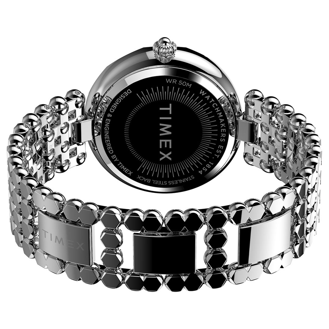 Zegarek Timex z okrągłą, stalową kopertą na stalowej, biżuteryjnej bransoletce z zapięciem typu H
