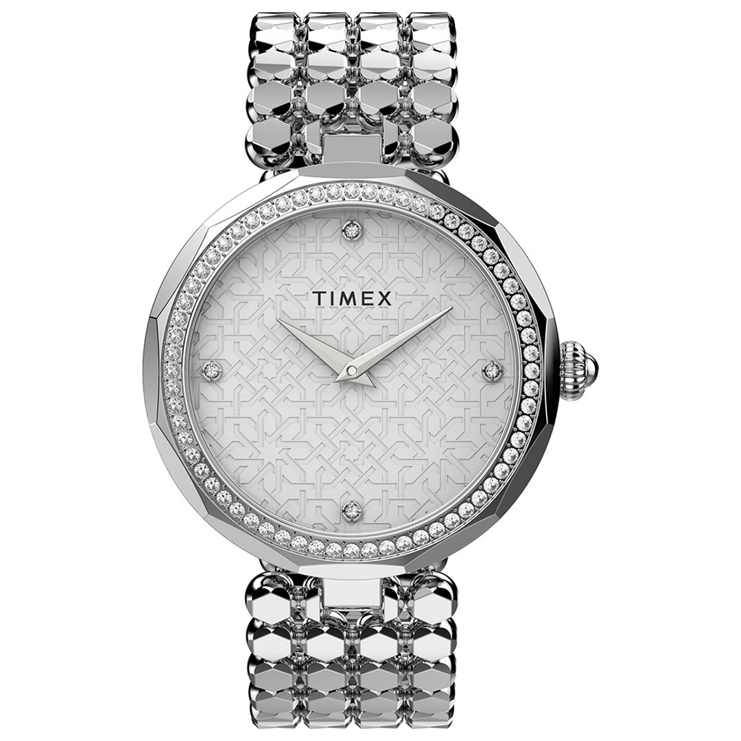 Zegarek Timex ze srebrną tarczą w geometryczne wzory z kryształkami oraz wskazówkami w srebrnym kolorze