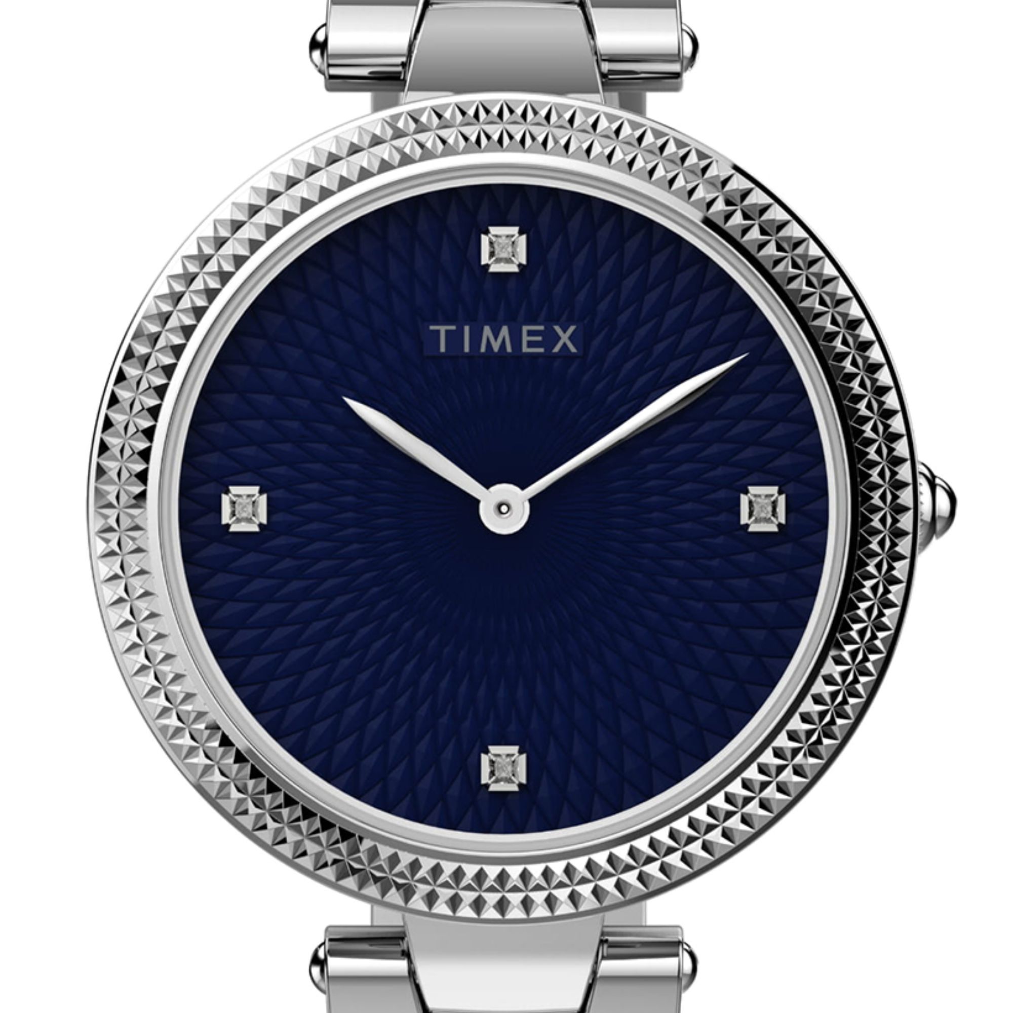Zegarek damski Timex z gliszowaną tarczą w granatowym kolorze z kryształkami oraz wskazówkami w kolorze srebra