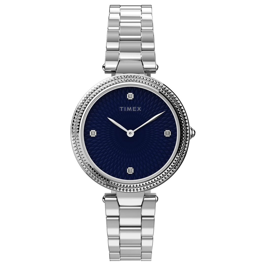 Zegarek damski Timex z okrągłą kopertą o teksturowanym bezelu oraz granatową tarczą z kryształkami