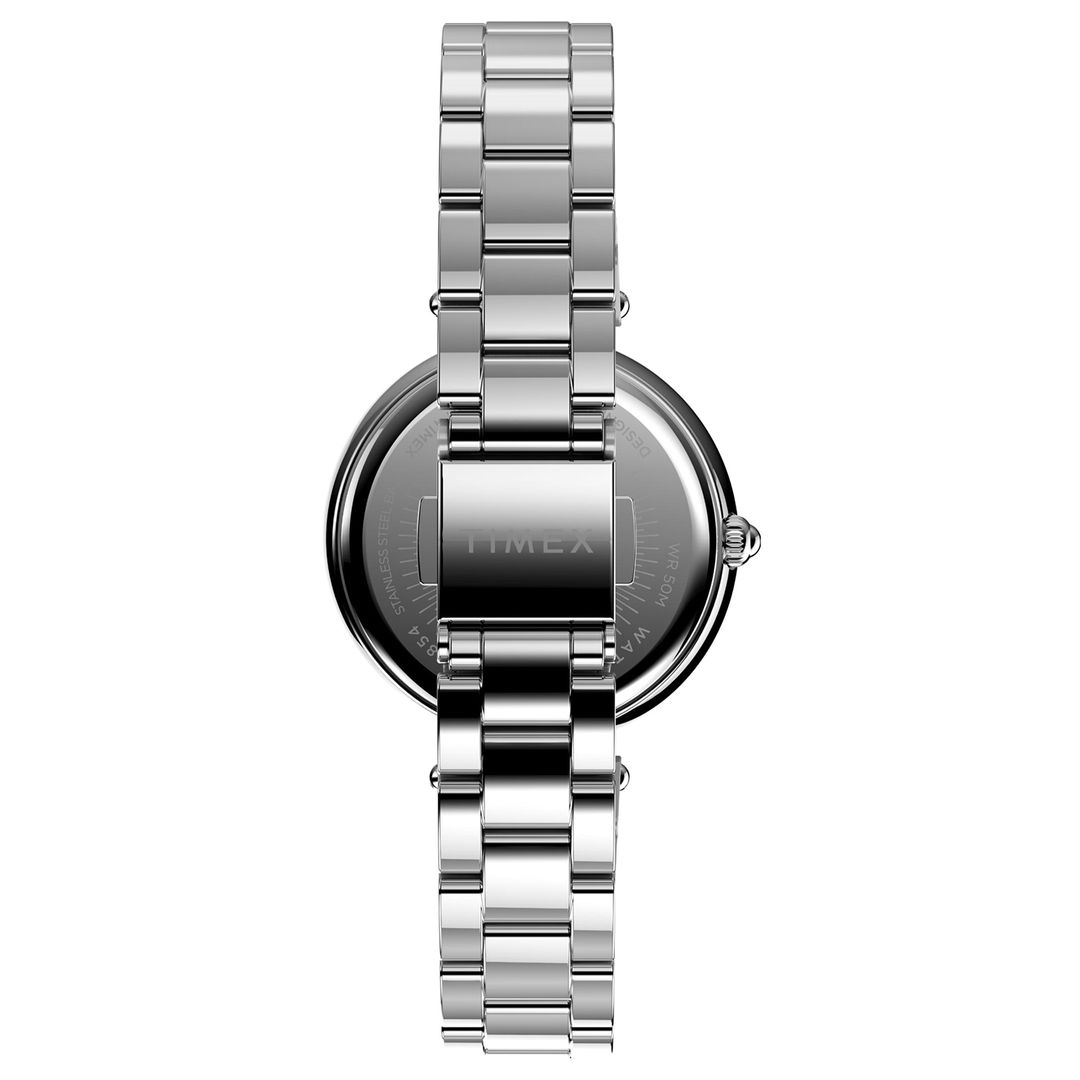 Zegarek damski Timex ze stalową bransoletką w srebrnym kolorze i zapięciem na zatrzask z zabezpieczeniem
