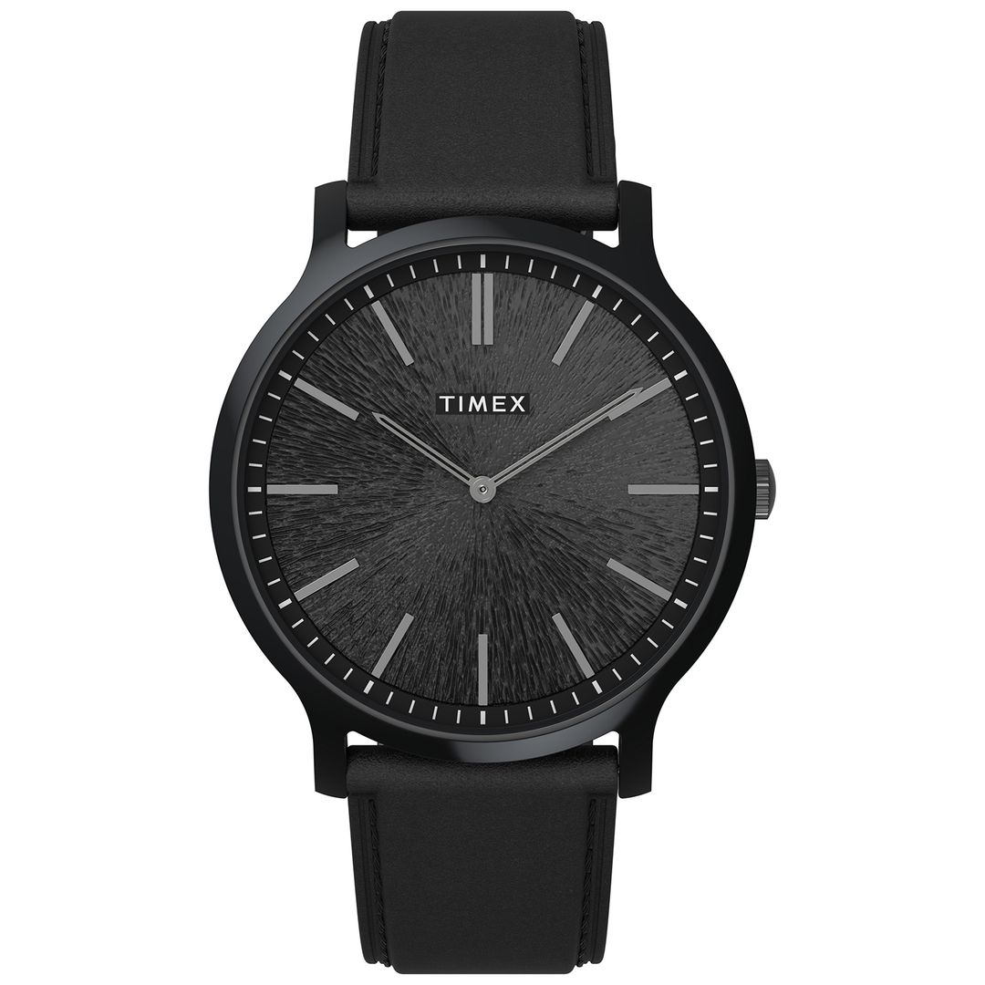 Zegarek męski Timex z okrągłą, czarną kopertą na czarnym, skórzanym pasku oraz z czarną, fakturowaną tarczą