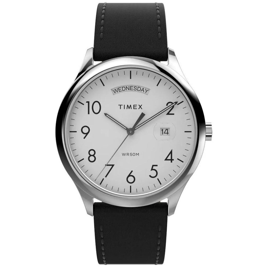 Tarcza zegarka Timex z cyframi arabskimi i wskazaniem dnia tygodnia oraz daty