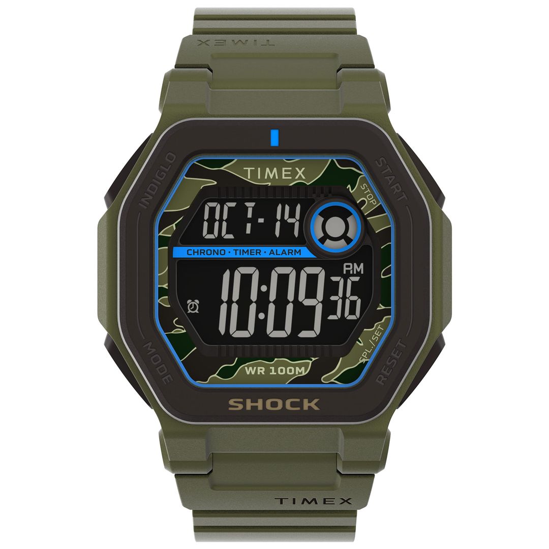 Zegarek męski Timex z zielono-czarną kopertą o masywnym wyglądzie z niebieskimi detalami oraz cyfrową tarczą