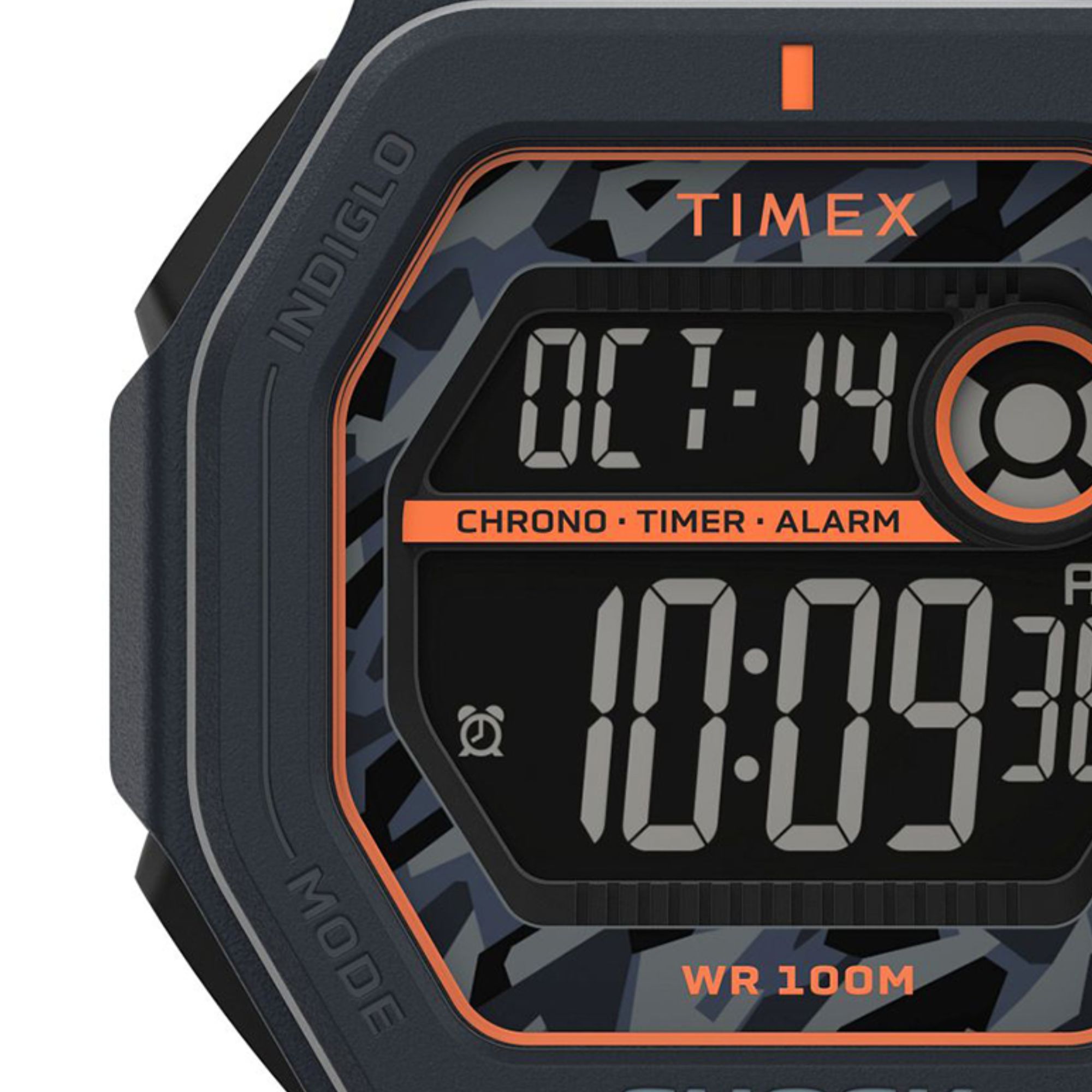 Zegarek męski Timex z masywną, geometryczną kopertą i cyfrową tarczą z pomarańczowymi detalami