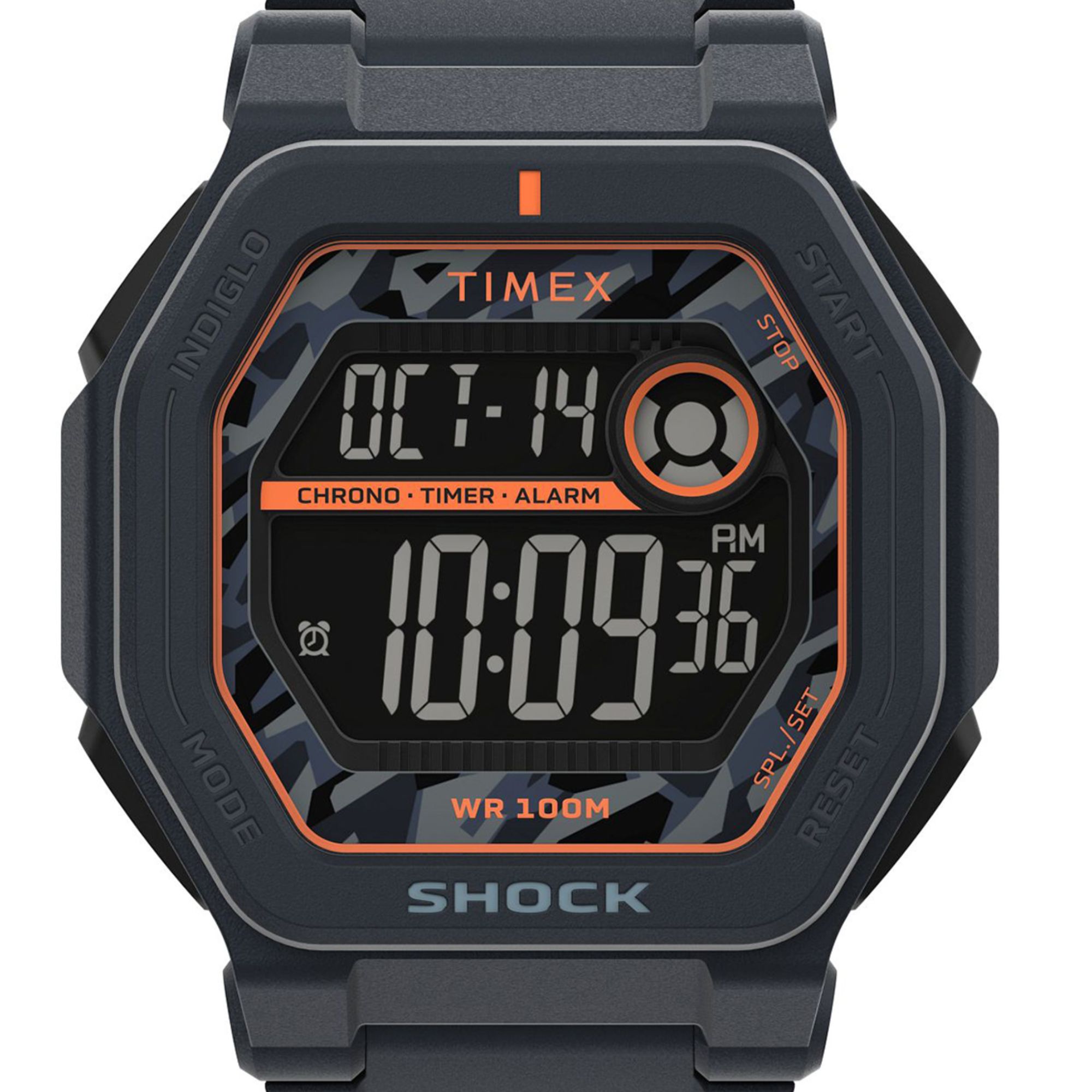 Zegarek męski sportowy Timex z szarą kopertą, cyfrową tarczą oraz pomarańczowymi detalami