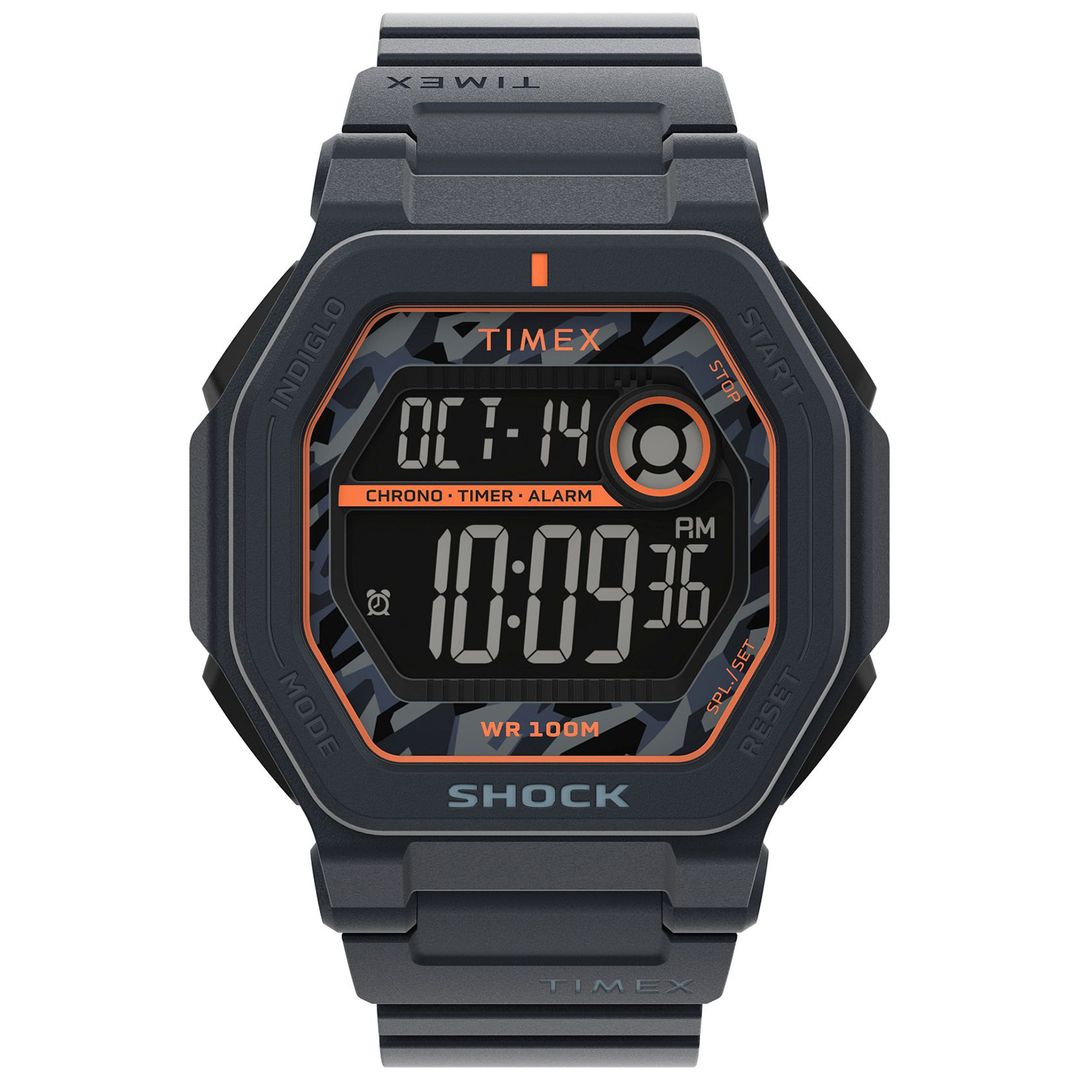 Zegarek sportowy Timex z ośmiokątną kopertą o masywnym wyglądzie na szarym pasku