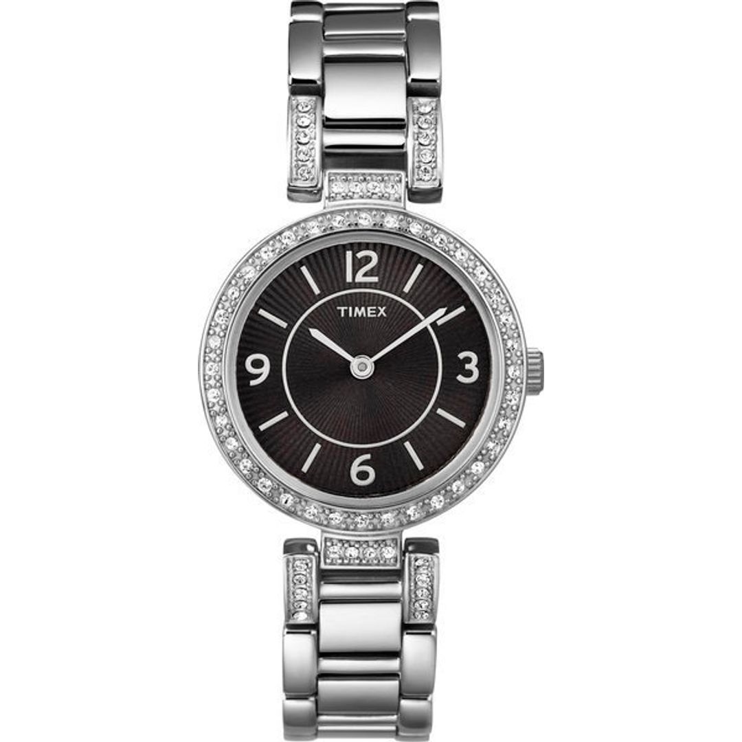 Zegarek Timex z okrągłą kopertą z cyrkoniami oraz bransoletką w srebrnym kolorze 