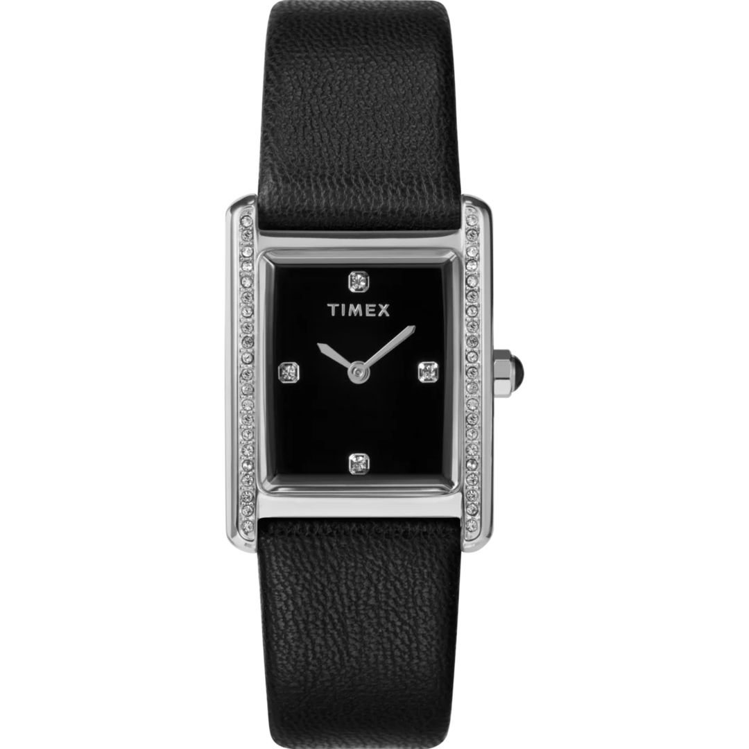 Zegarek damski Timex w czarnej kolorystyce z kryształkami na kopercie w srebrnym kolorze