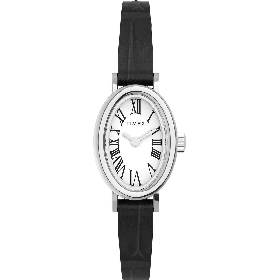 Zegarek damski Timex z białą tarczą z wyraźnymi, czarnymi indeksami rzymskimi oraz srebrnymi wskazówkami
