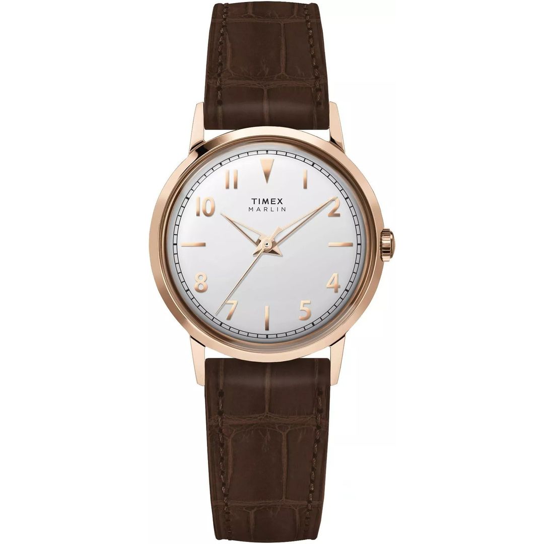 Zegarek Timex z okrągłą kopertą w kolorze różowego złota na brązowym, skórzanym pasku