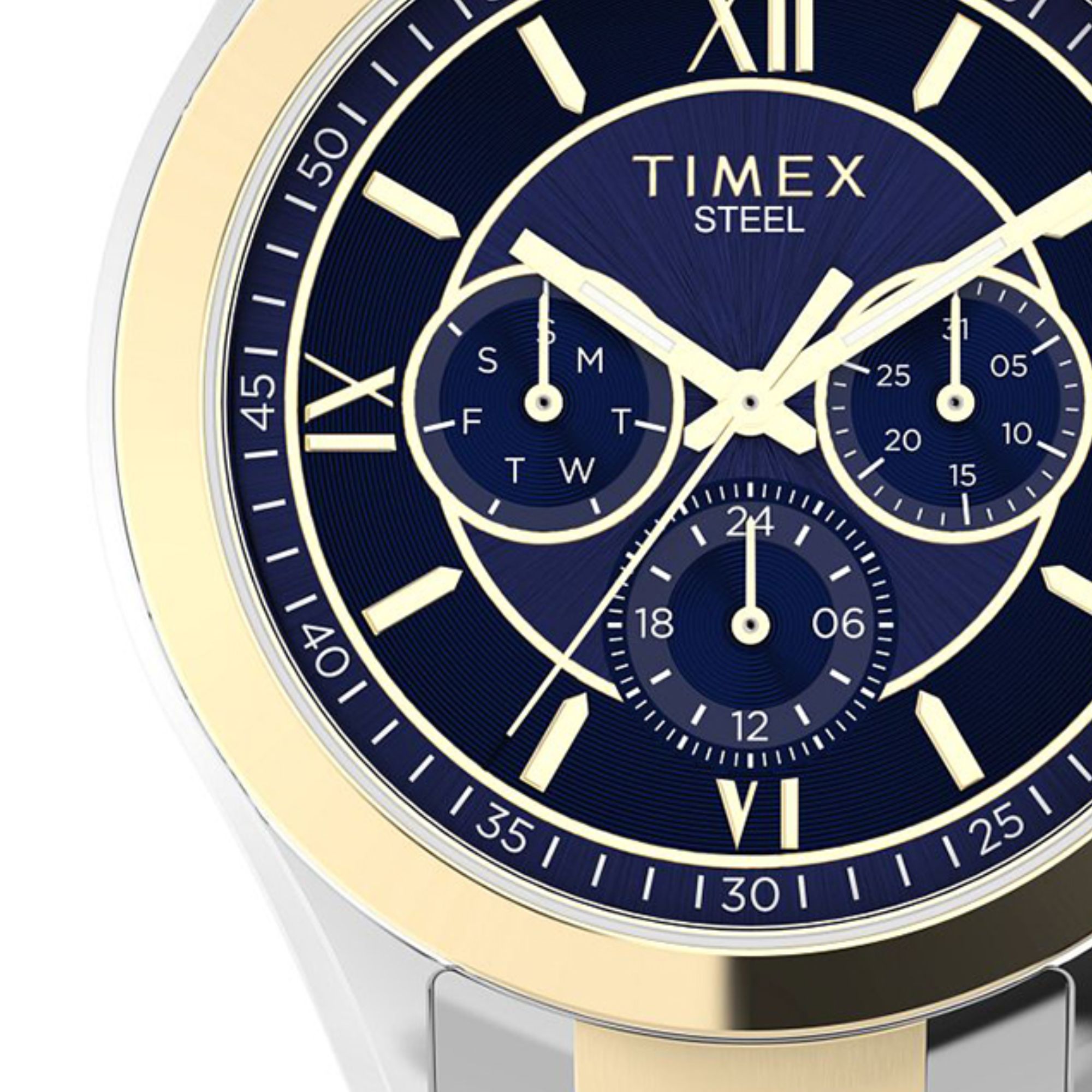 Zegarek Timex z dwukolorową kopertą w złotym i srebrnym kolorze oraz granatową tarczą