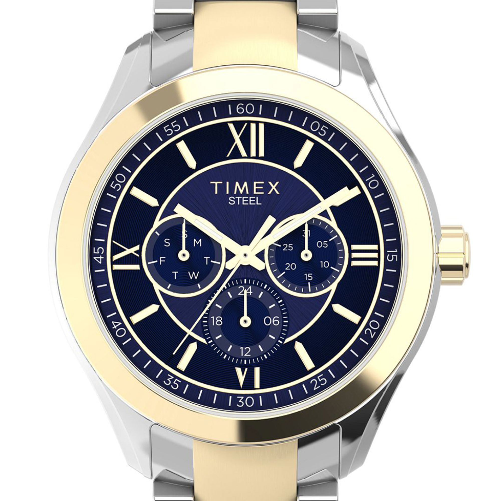 Zegarek Timex z granatową tarczą oraz złotymi elementami w stalowej kopercie w kolorach złota i srebra