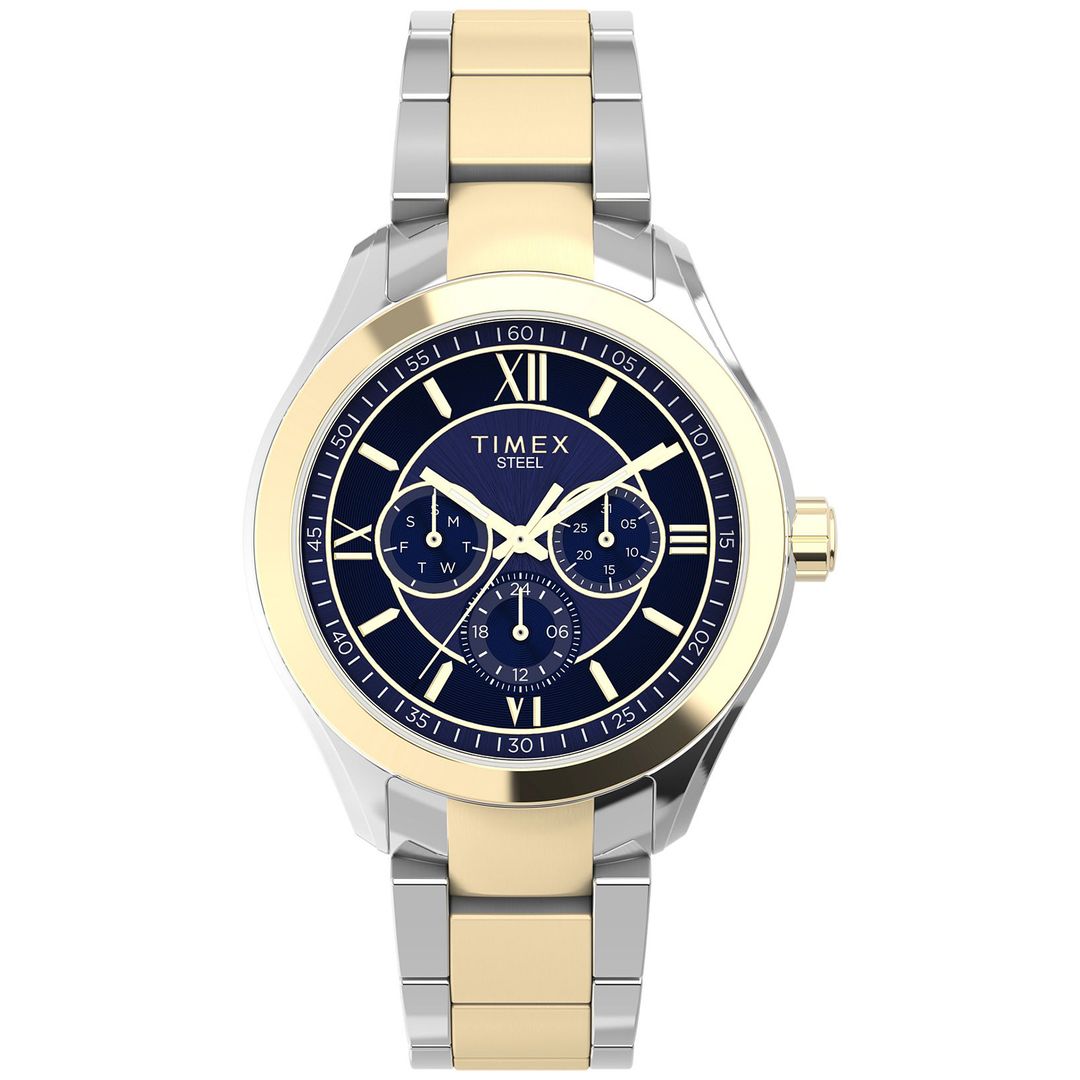Zegarek Timex z okrągła, dwukolorową kopertą w odcieniach złota i srebra oraz granatową tarczą z subtarczami chronografu