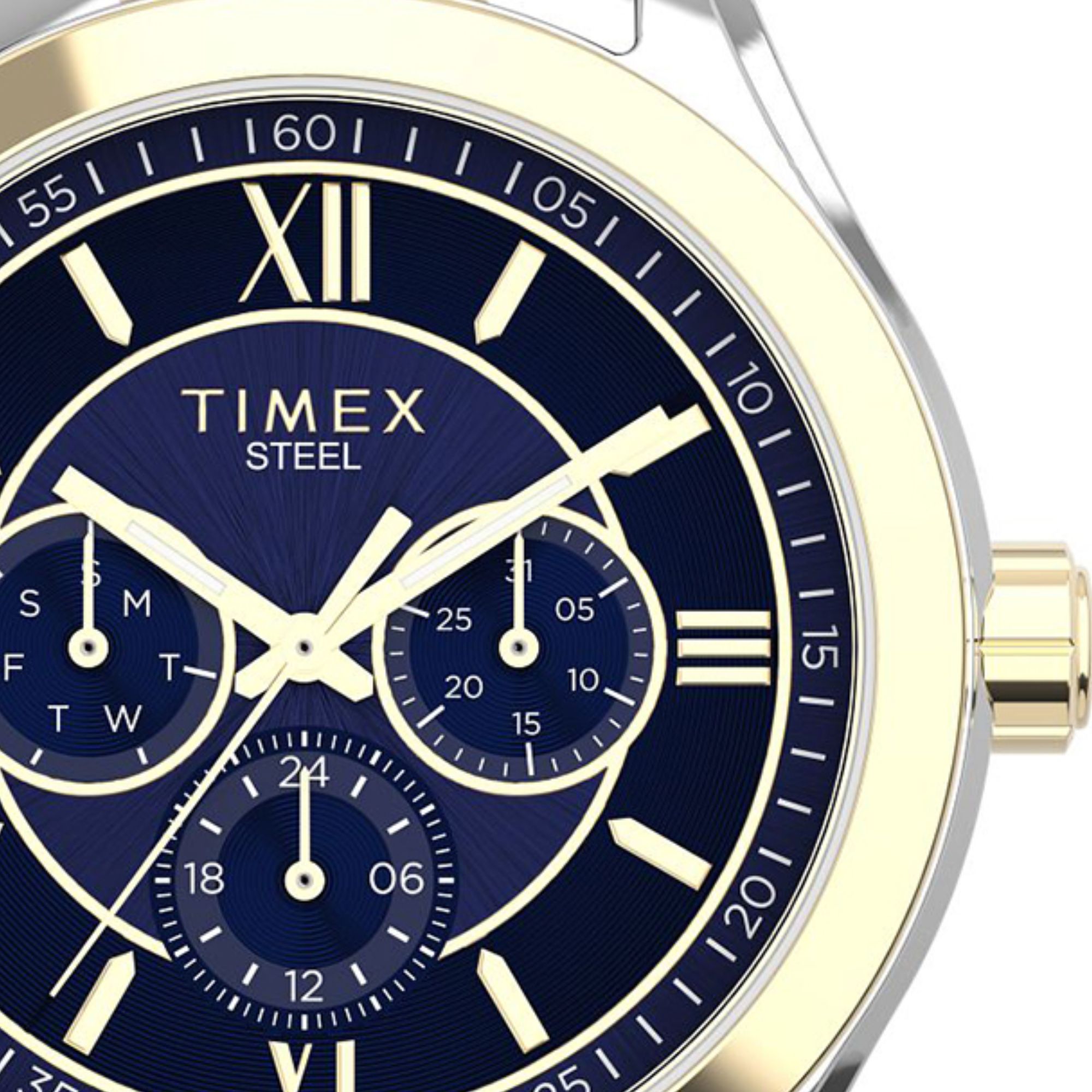 Zegarek Timex z granatową kopertą ze szlifem słoneczym oraz złotymi wskazówkami i indeksami rzymskimi