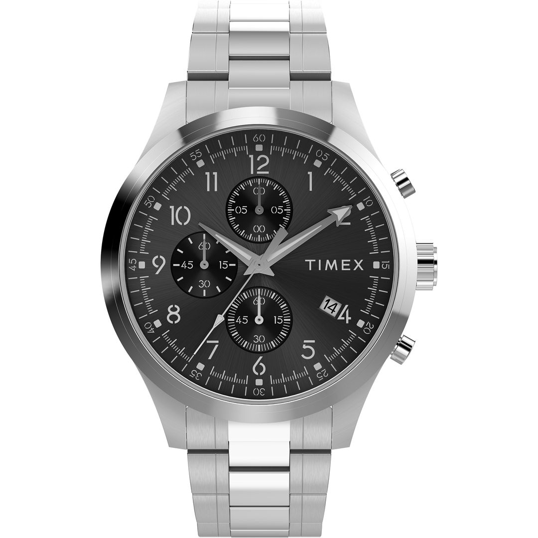 Zegarek Timex z czarną tarczą ze szlifem słonecznym, subtarczami chronografu, datownikiem oraz srebrnymi wskazówkami