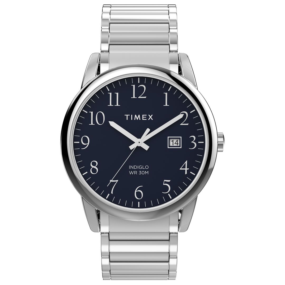 Zegarek marki Timex z granatową tarczą i białymi cyframi w srebrnej kopercie oraz z bransoletką