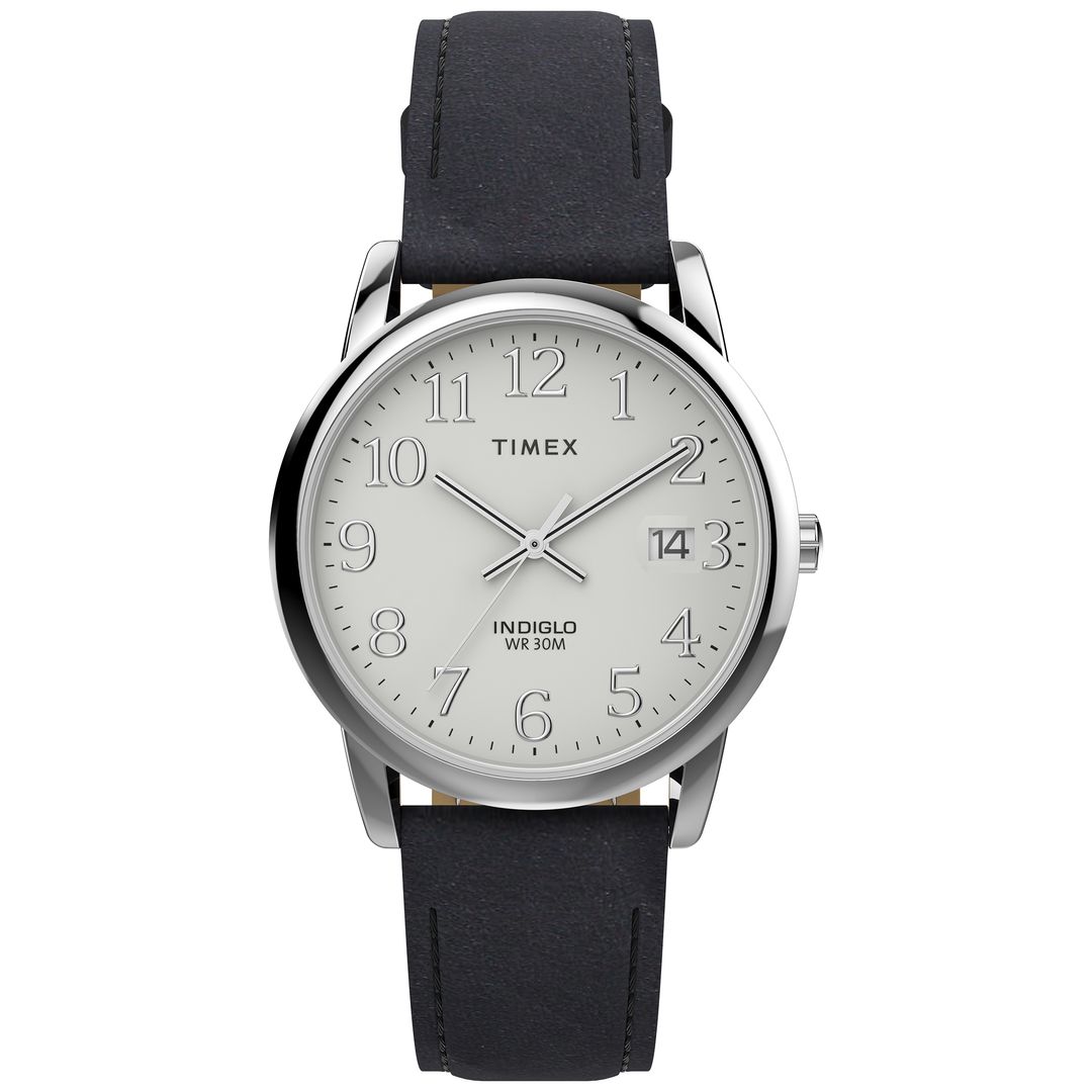 Zegarek Timex z białą tarczą i srebrnymi indeksami oraz datownik