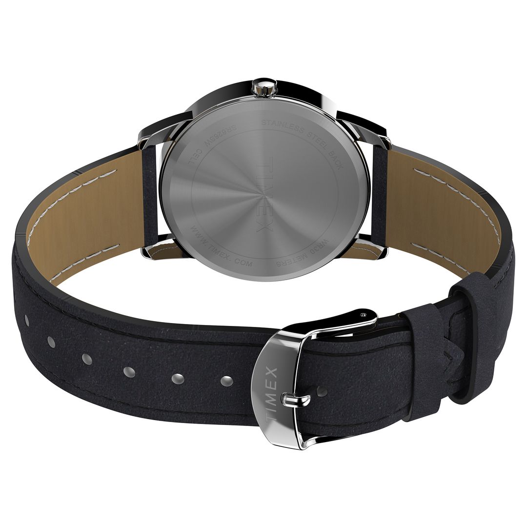 Dekielek i zapięcie czarnego paska na sprzączkę zegarka marki Timex
