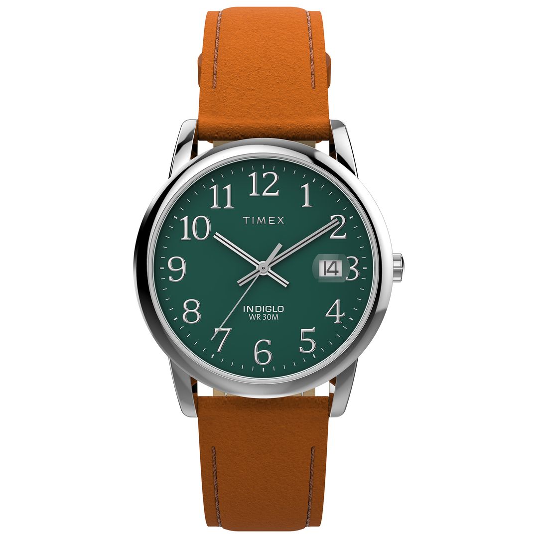 Zegarek Timex z zieloną tarczą i srebrnymi indeksami cyfr arabskich oraz datownikiem