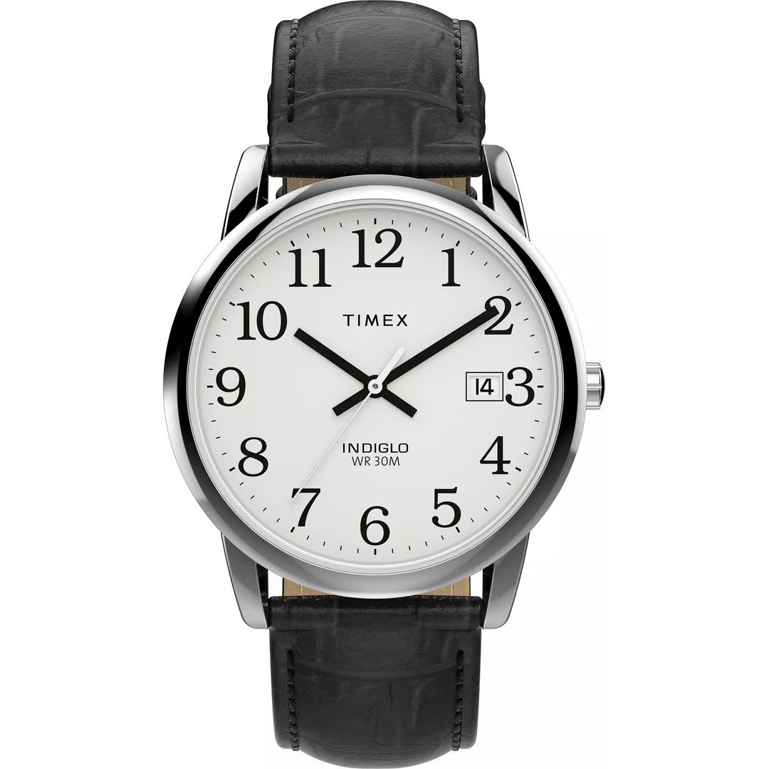 Tarcza zegarka marki Timex z dużymi cyframi arabskimi i okrągłą kopertą
