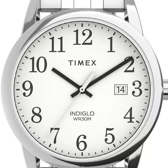 Biała tarcza zegraka Timex z czarnymi indeksami cyfr arabskich i czarnymi wskazówkami oraz datownik