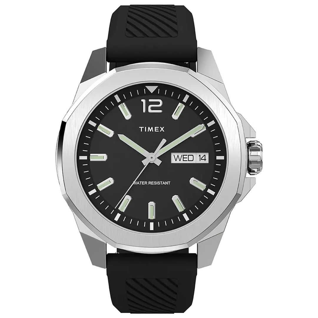 Zegarek męski Timex z czarną tarczą, datownikiem, indeksami i wskazówkami z powłoką luminescencyjną